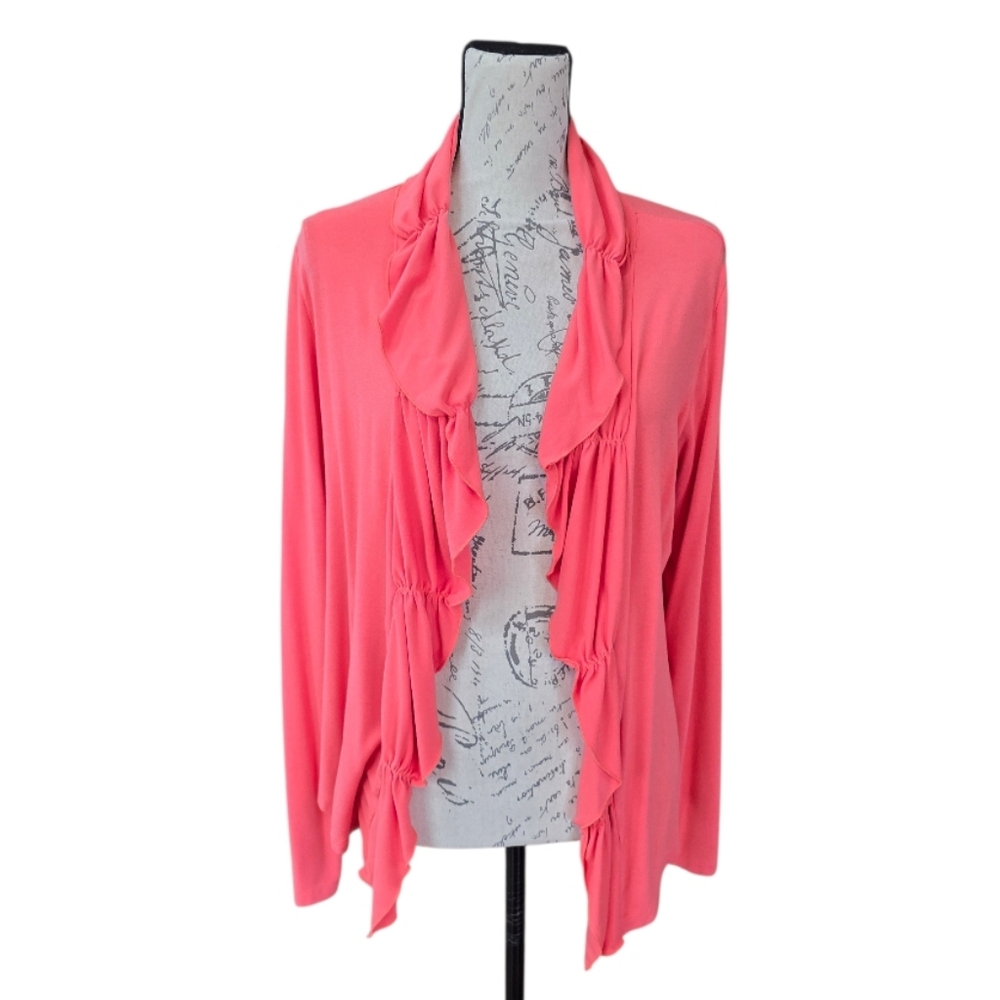 Tribal Coral Open Front Ruffle Knit Cardigan